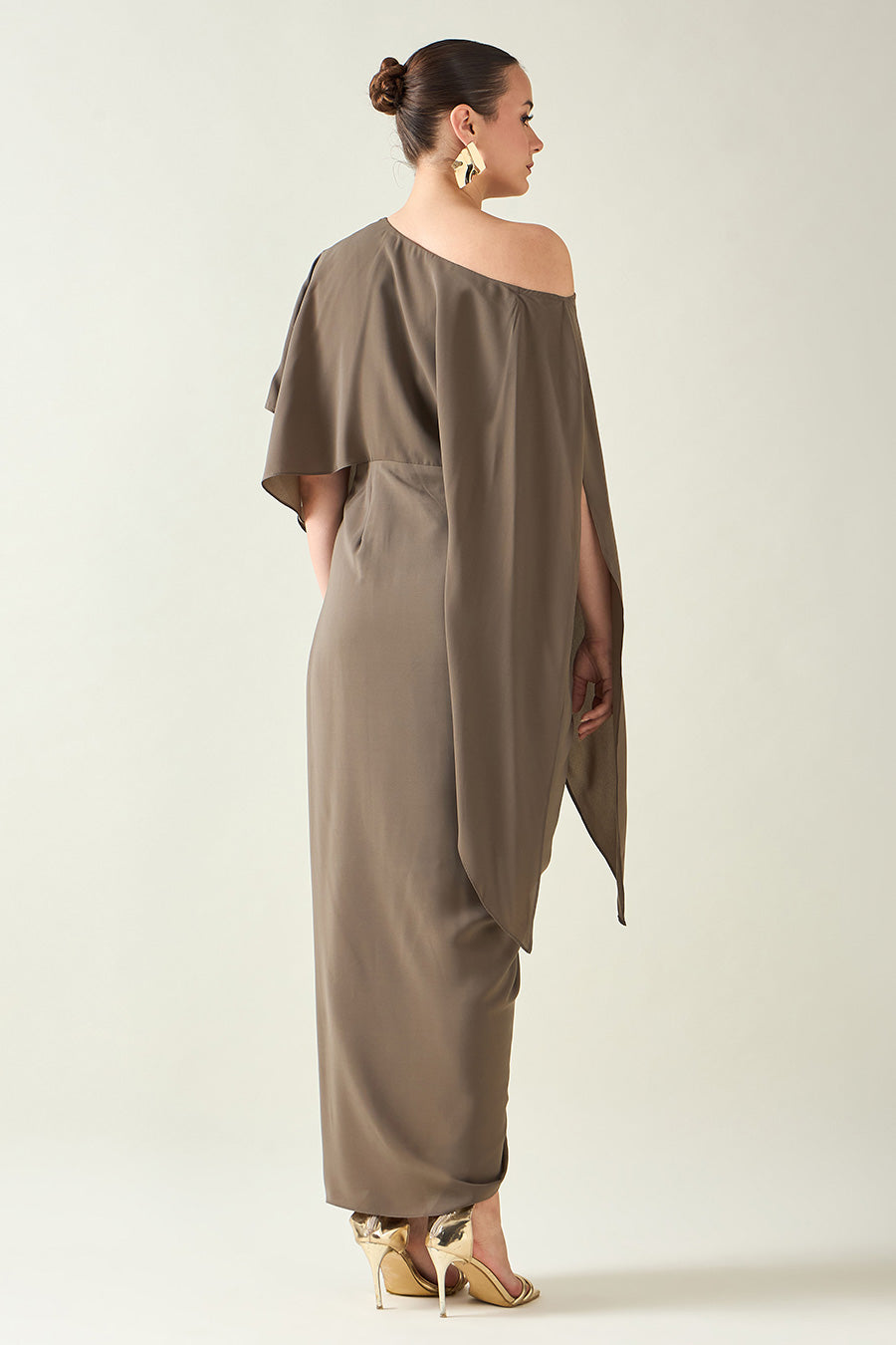 Olive Drape Dress With Metallic Finish Belt