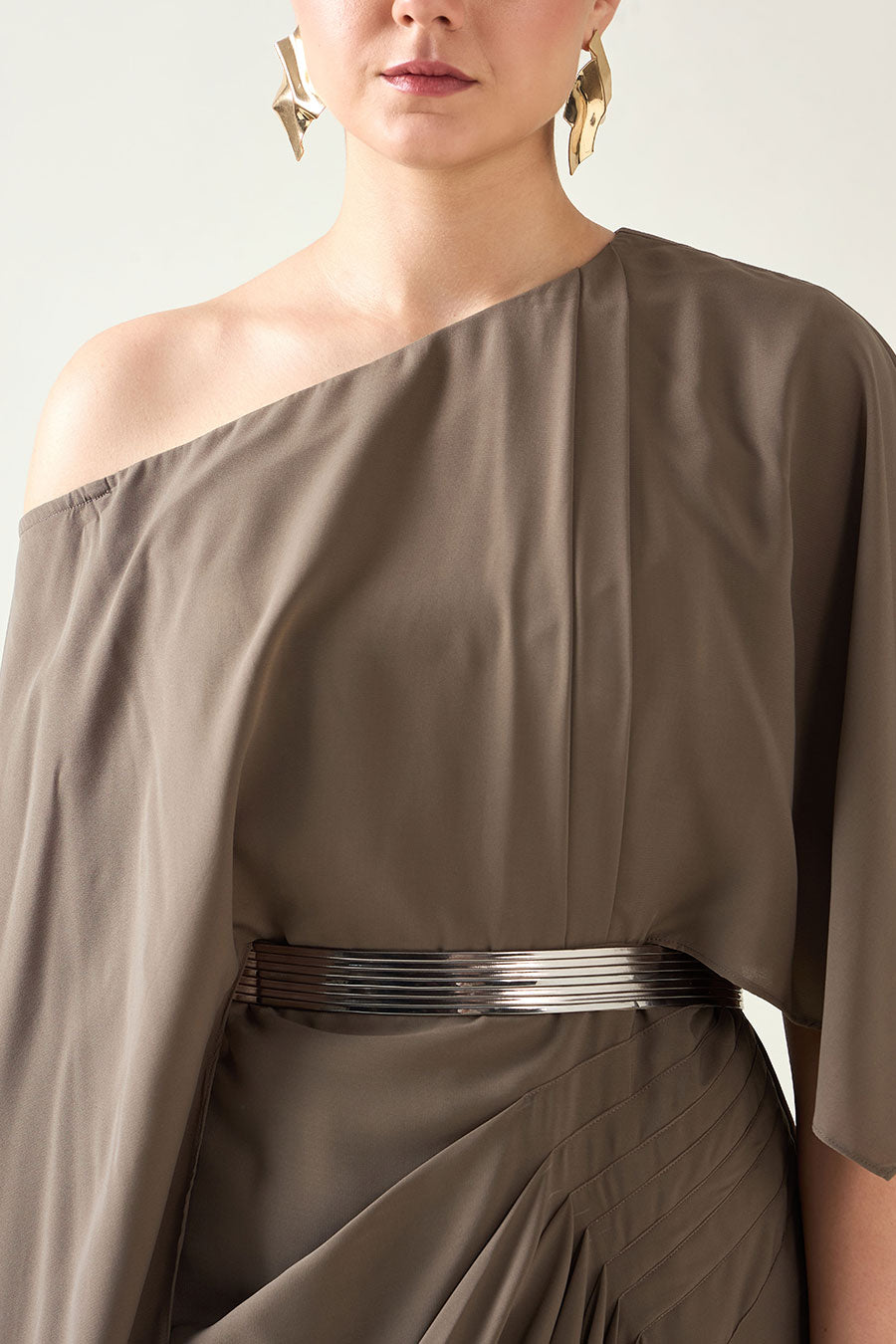 Olive Drape Dress With Metallic Finish Belt