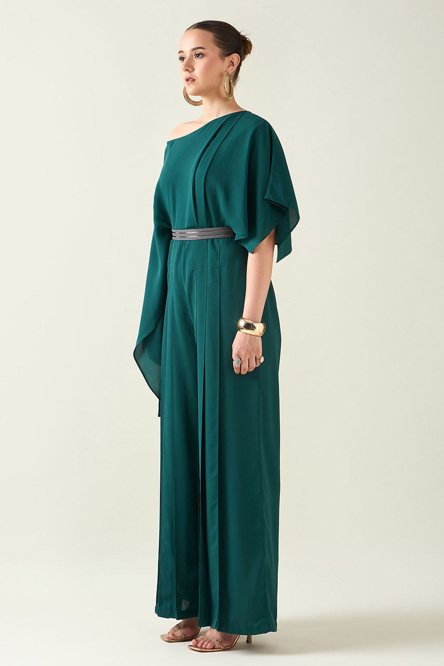 Bottle Green Jumpsuit With Metallic Finish Belt