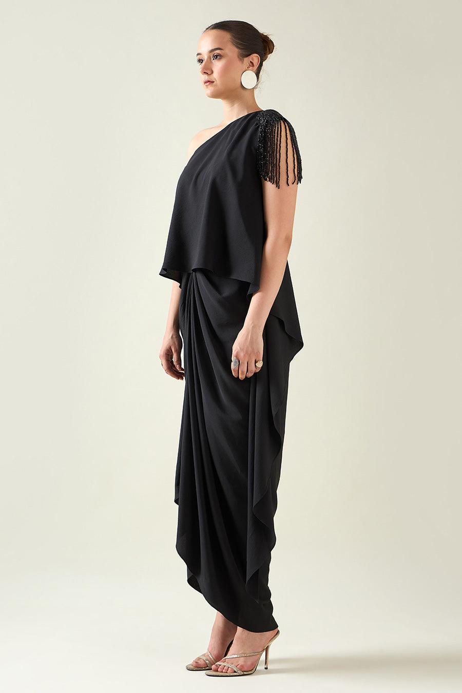 Black Crystal Embellished One-Shoulder Drape Dress