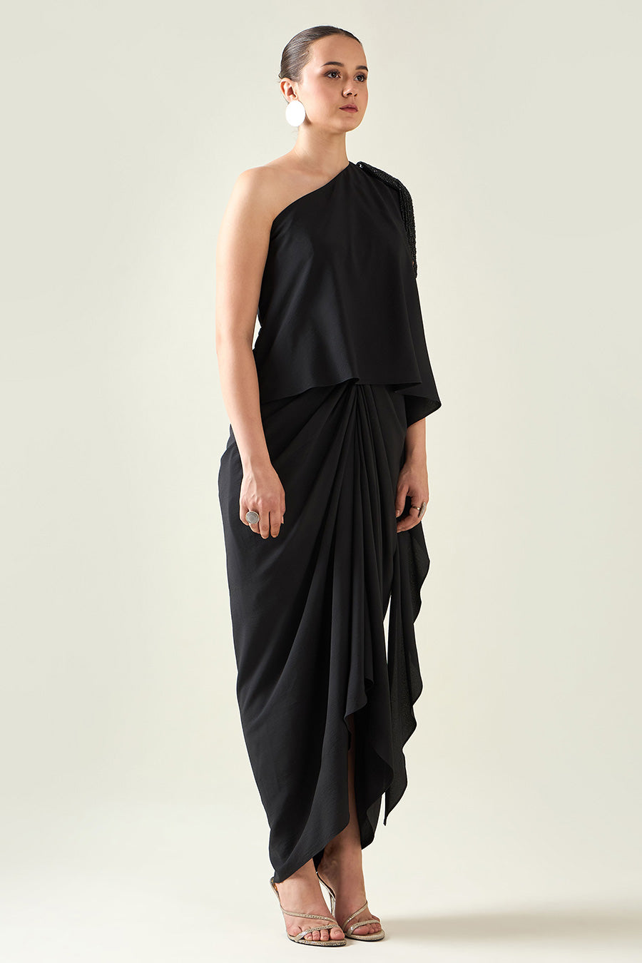 Black Crystal Embellished One-Shoulder Drape Dress