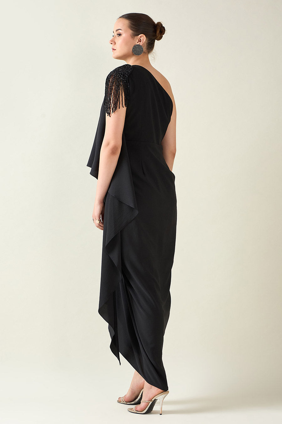 Black Crystal Embellished One-Shoulder Drape Dress