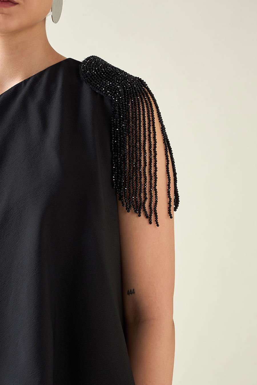 Black Crystal Embellished One-Shoulder Drape Dress