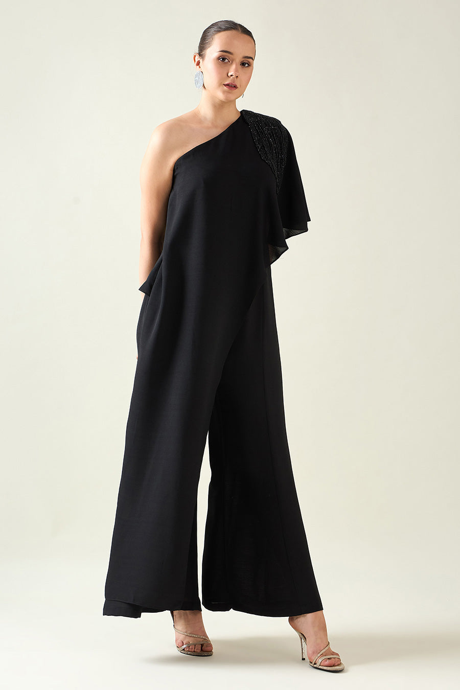 Black Crystal Embellished One-Shoulder Drape Jumpsuit