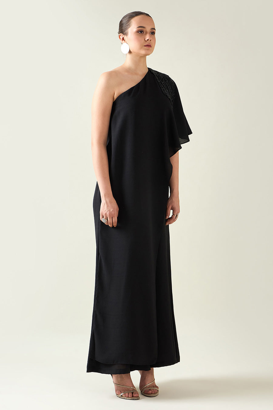 Black Crystal Embellished One-Shoulder Drape Jumpsuit