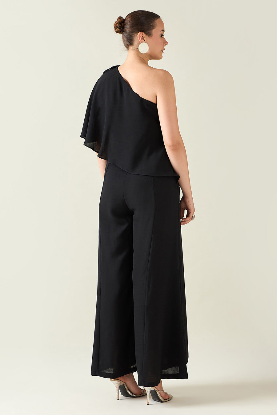 Black Crystal Embellished One-Shoulder Drape Jumpsuit