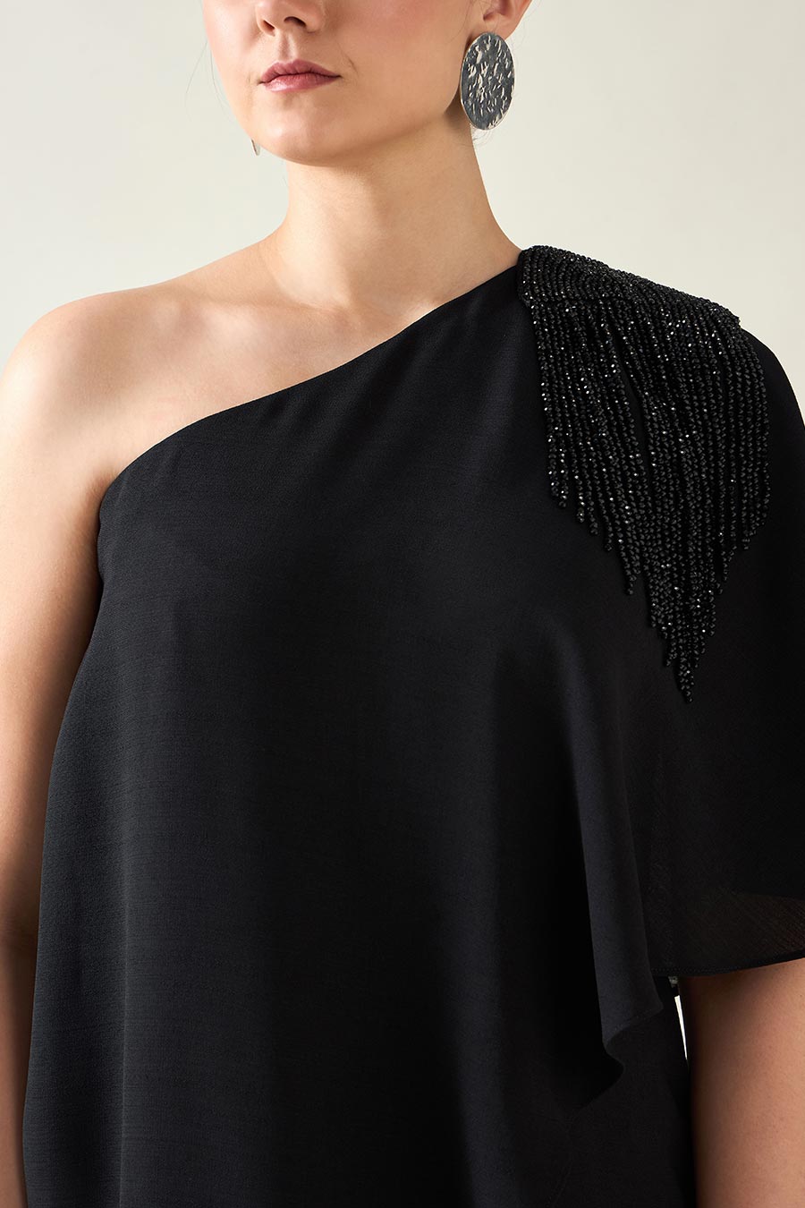 Black Crystal Embellished One-Shoulder Drape Jumpsuit