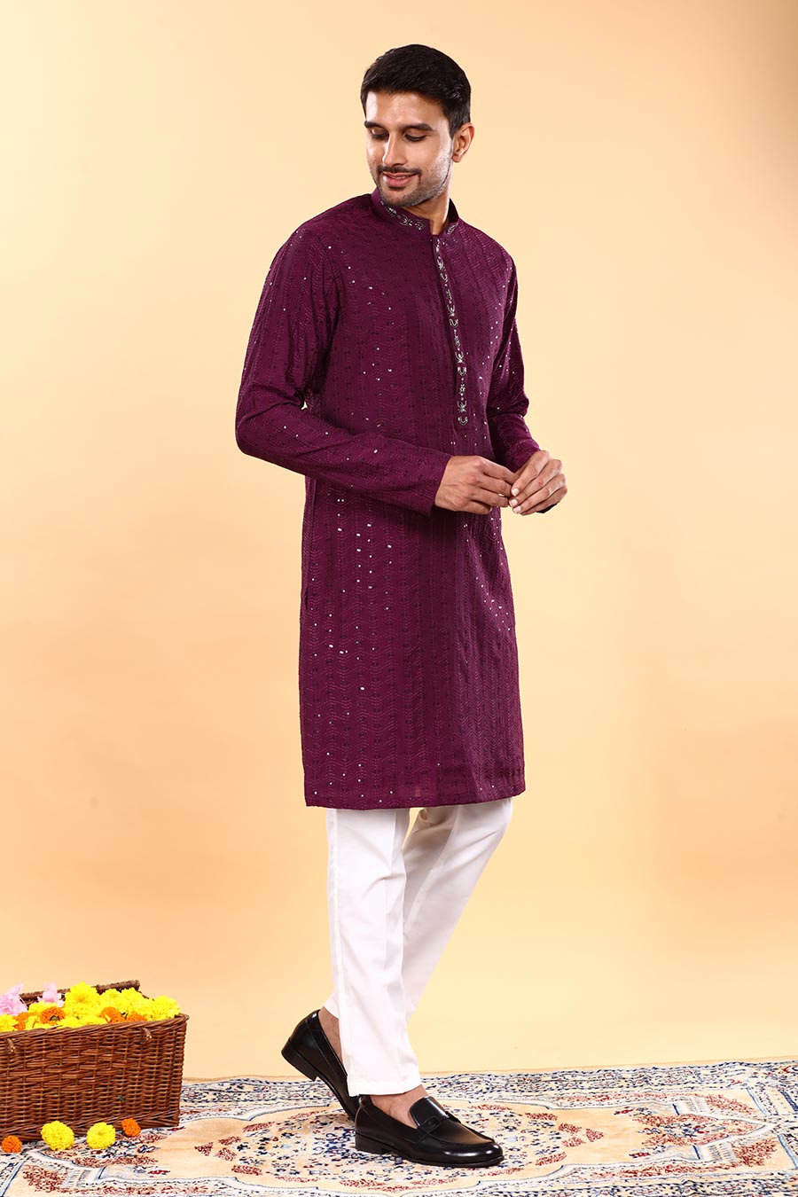 Wine Embroidered Kurta Set