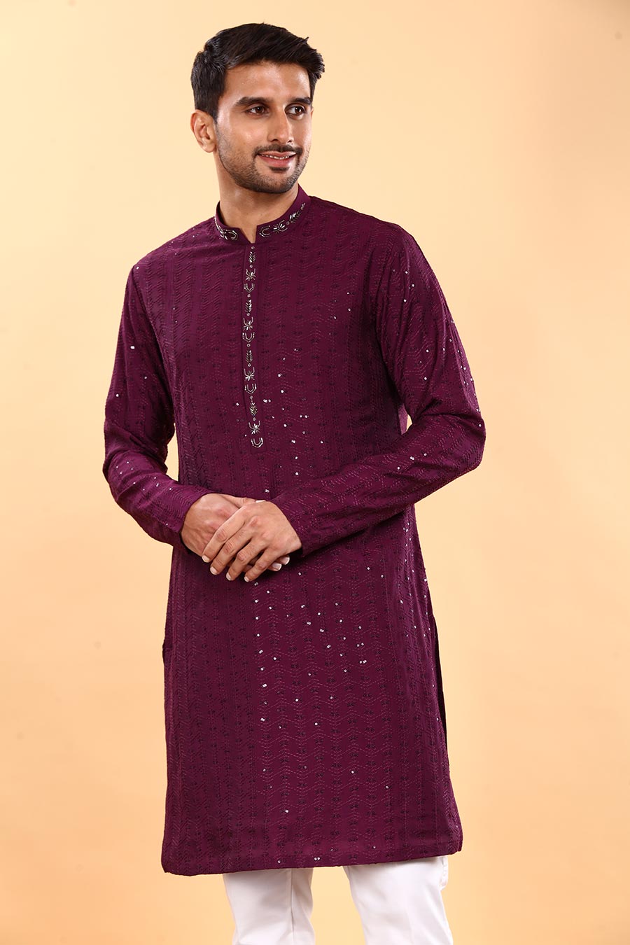 Wine Embroidered Kurta Set