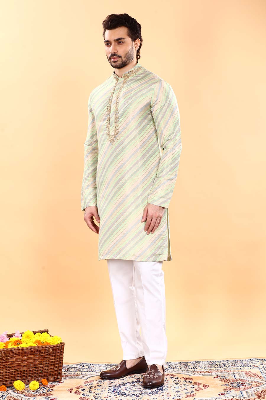 Green & Grey Embroidered Kurta Set