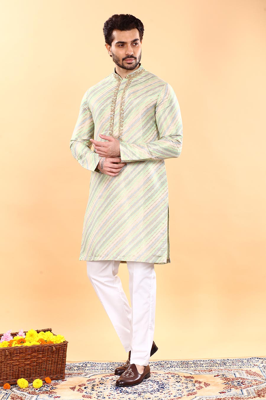 Green & Grey Embroidered Kurta Set