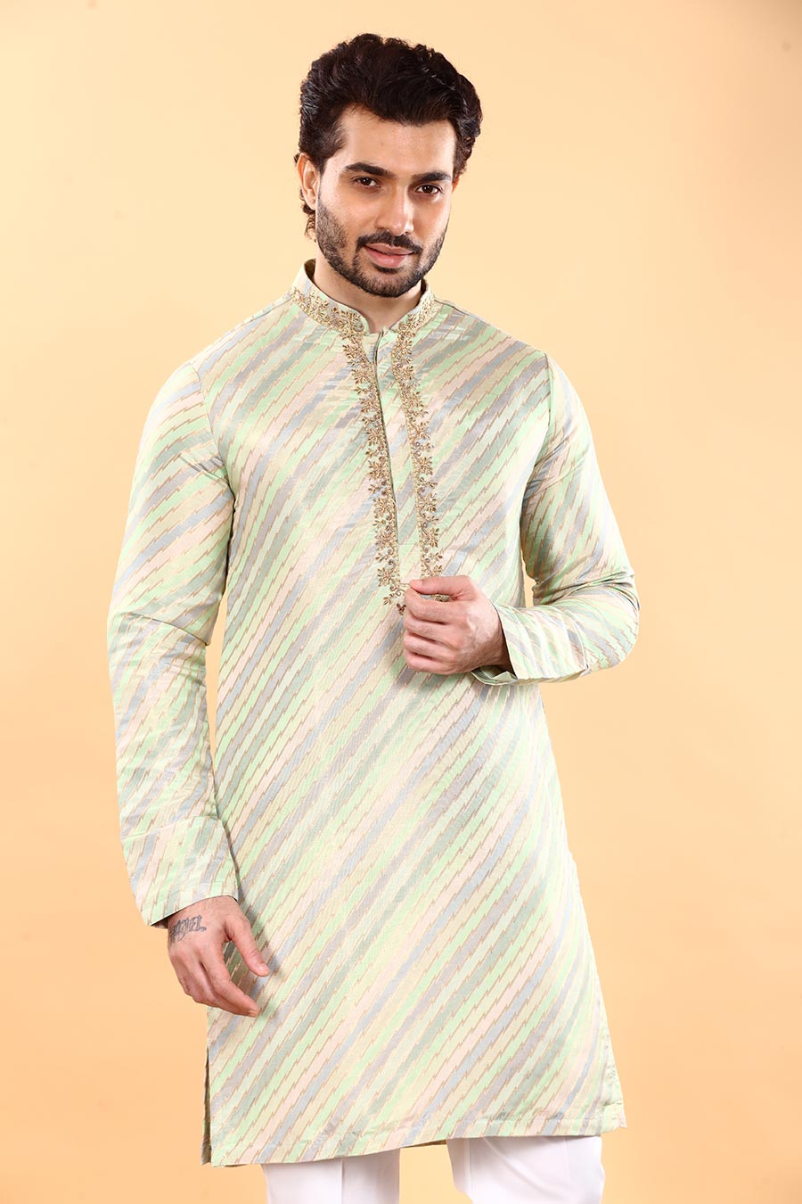 Green & Grey Embroidered Kurta Set