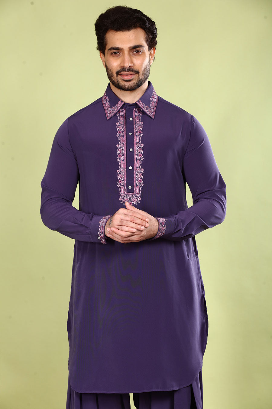 Purple Embroidered Pathani Kurta Set