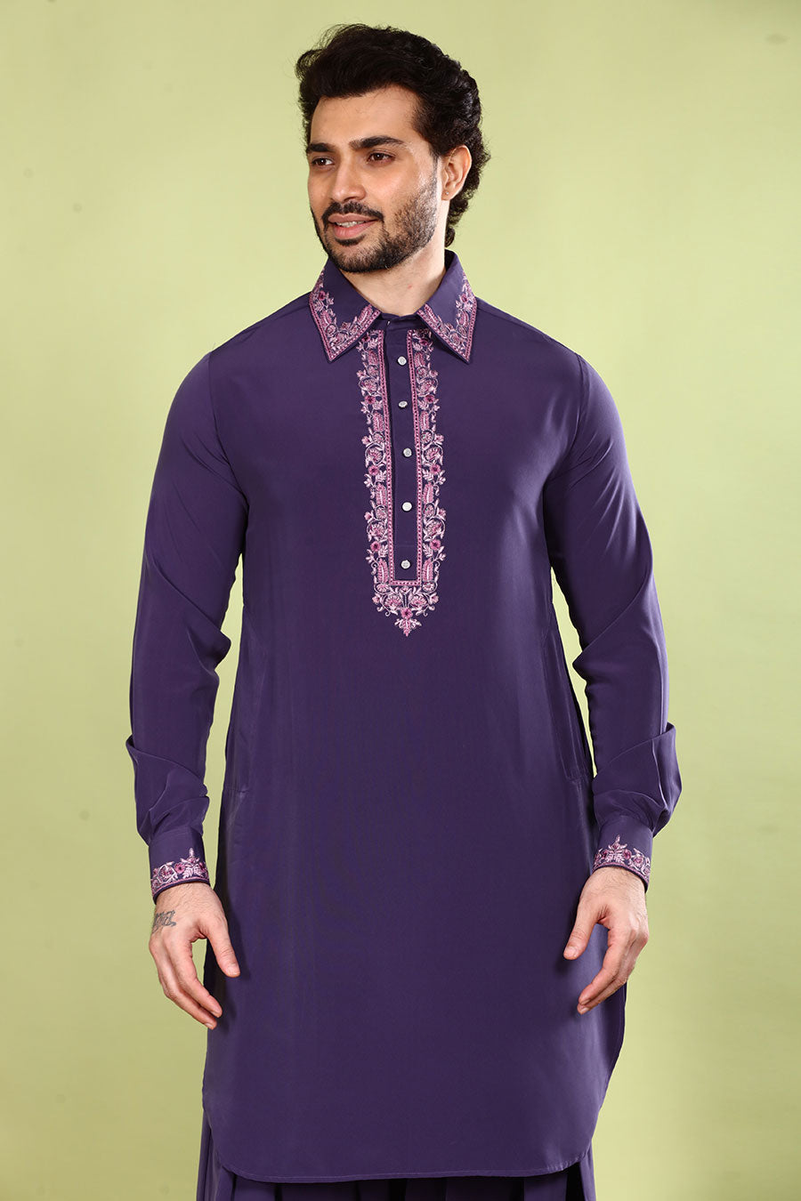 Purple Embroidered Pathani Kurta Set