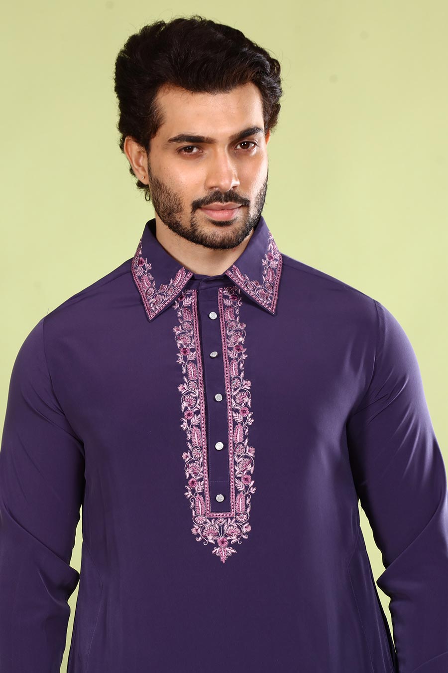 Purple Embroidered Pathani Kurta Set