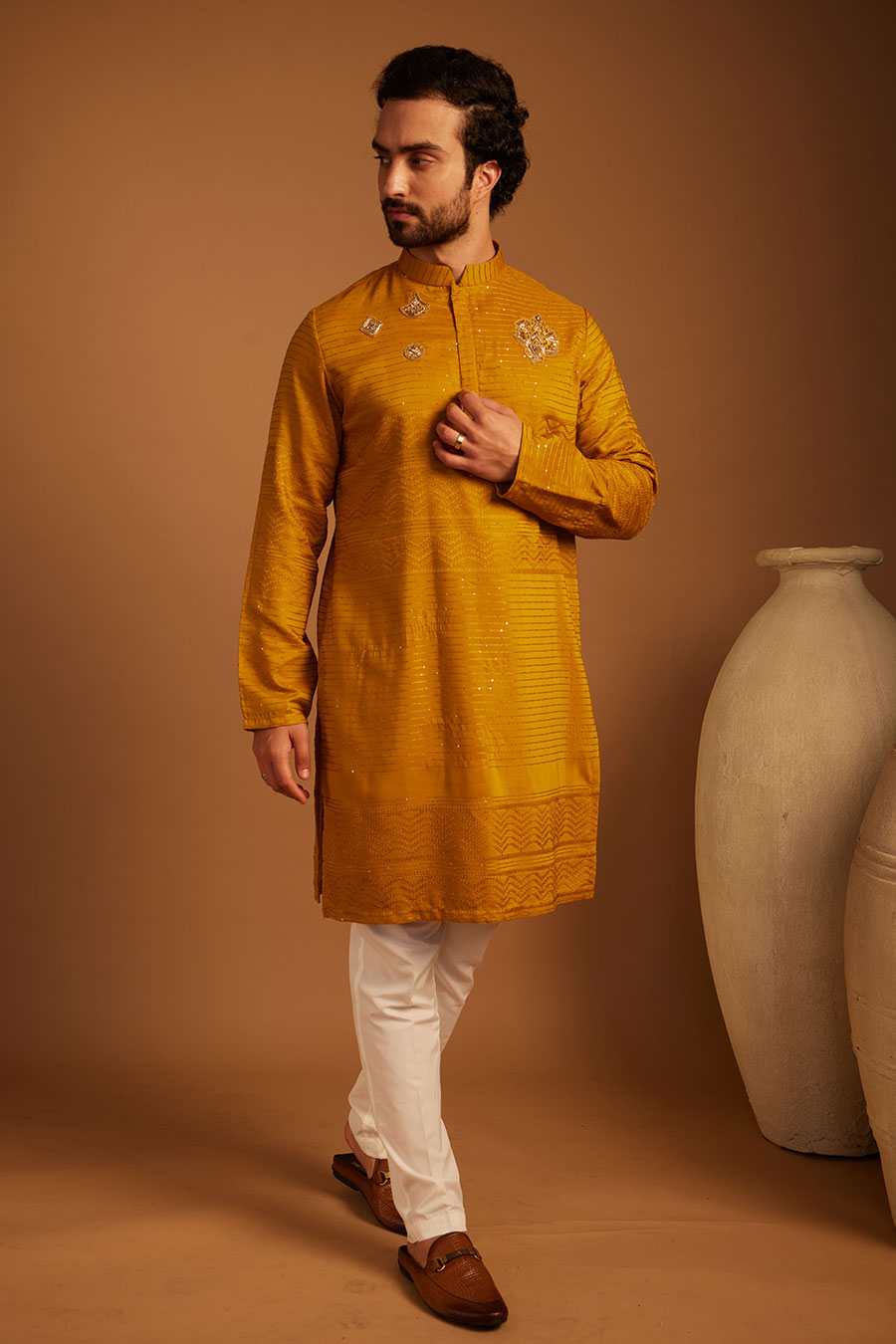 Dark Yellow Gleam Embroidered Kurta Set