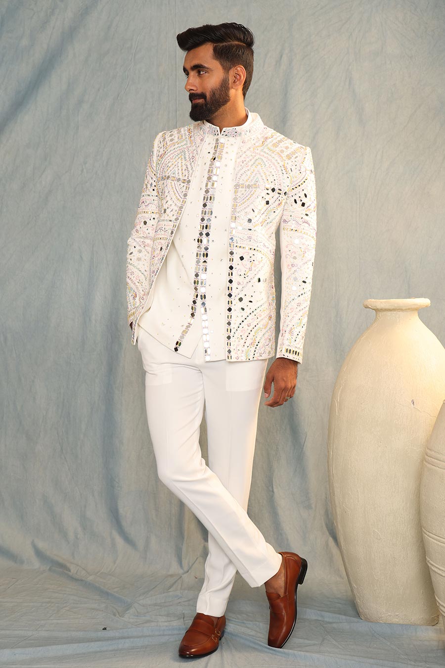 White Sea Shell Embroidered Jacket Set