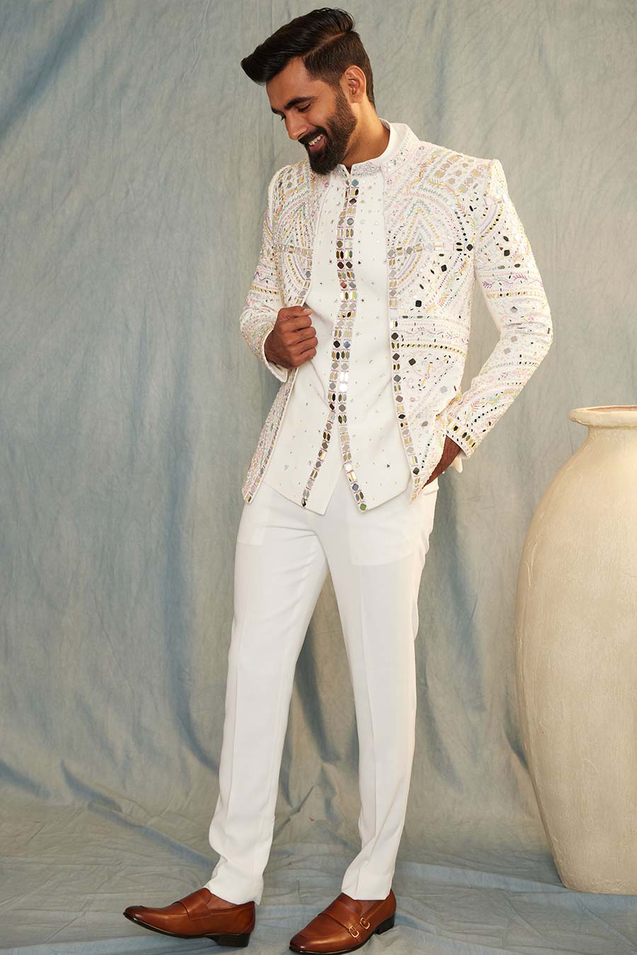 White Sea Shell Embroidered Jacket Set