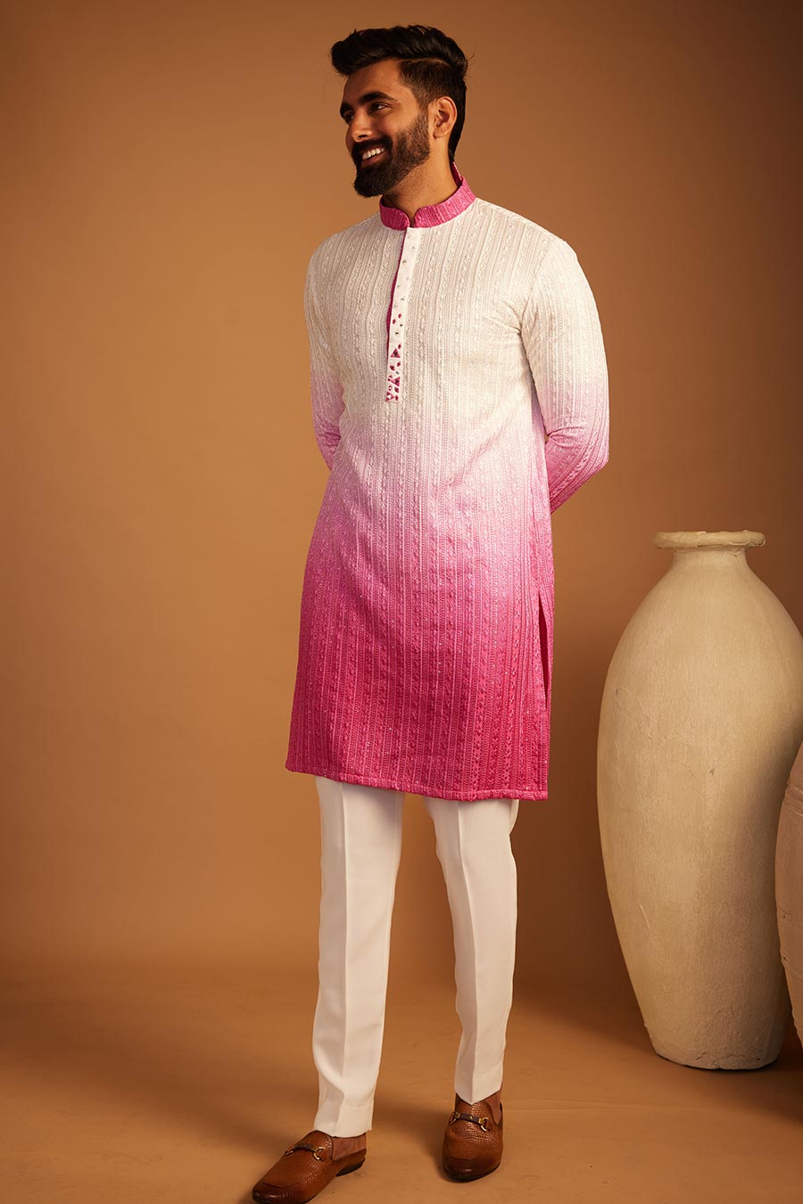 Ombre Pink Dyed Embroidered Kurta Set