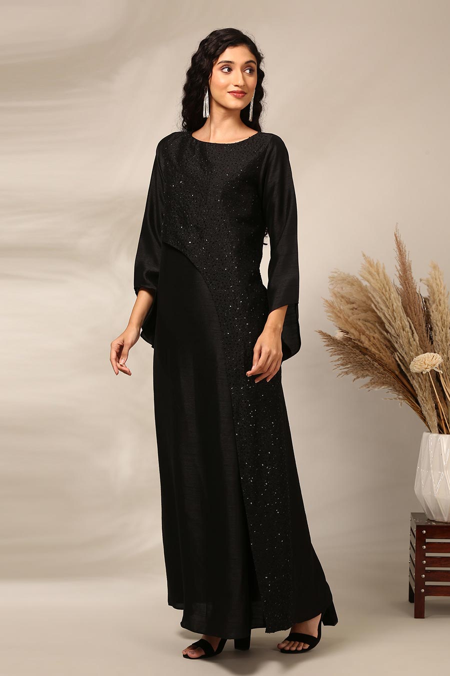 Black Embellished Panel Long Dress