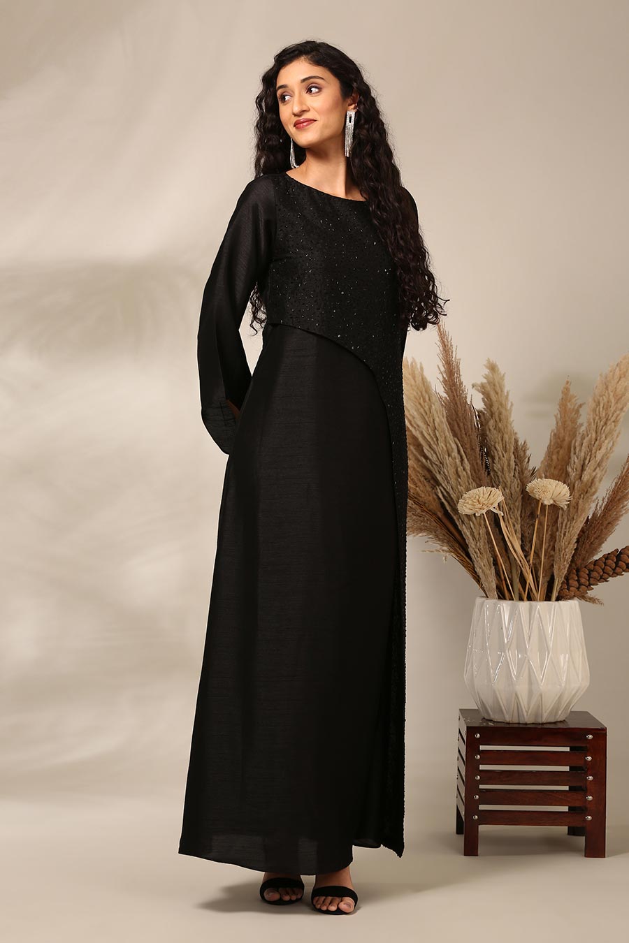 Black Embellished Panel Long Dress