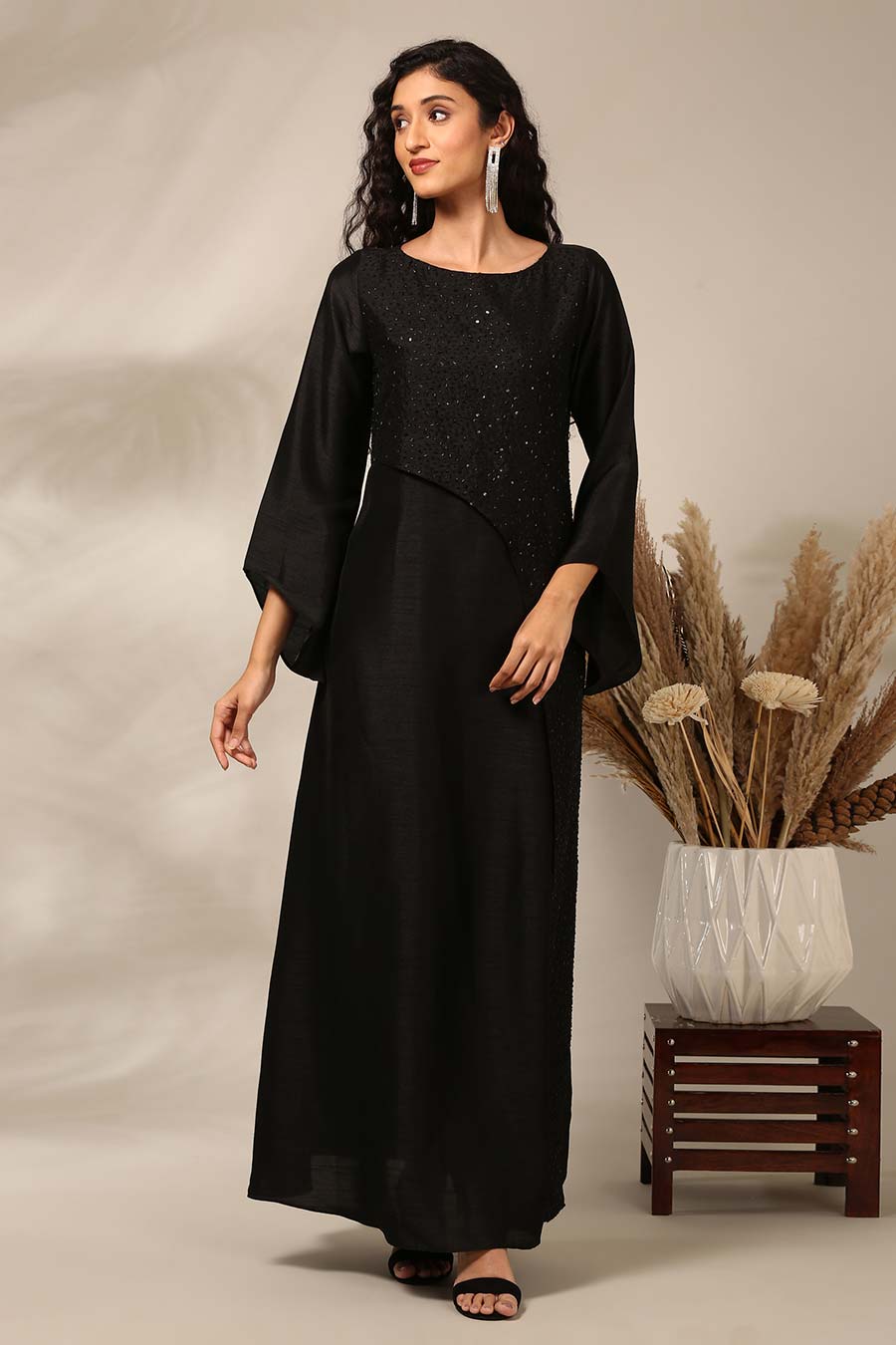 Black Embellished Panel Long Dress