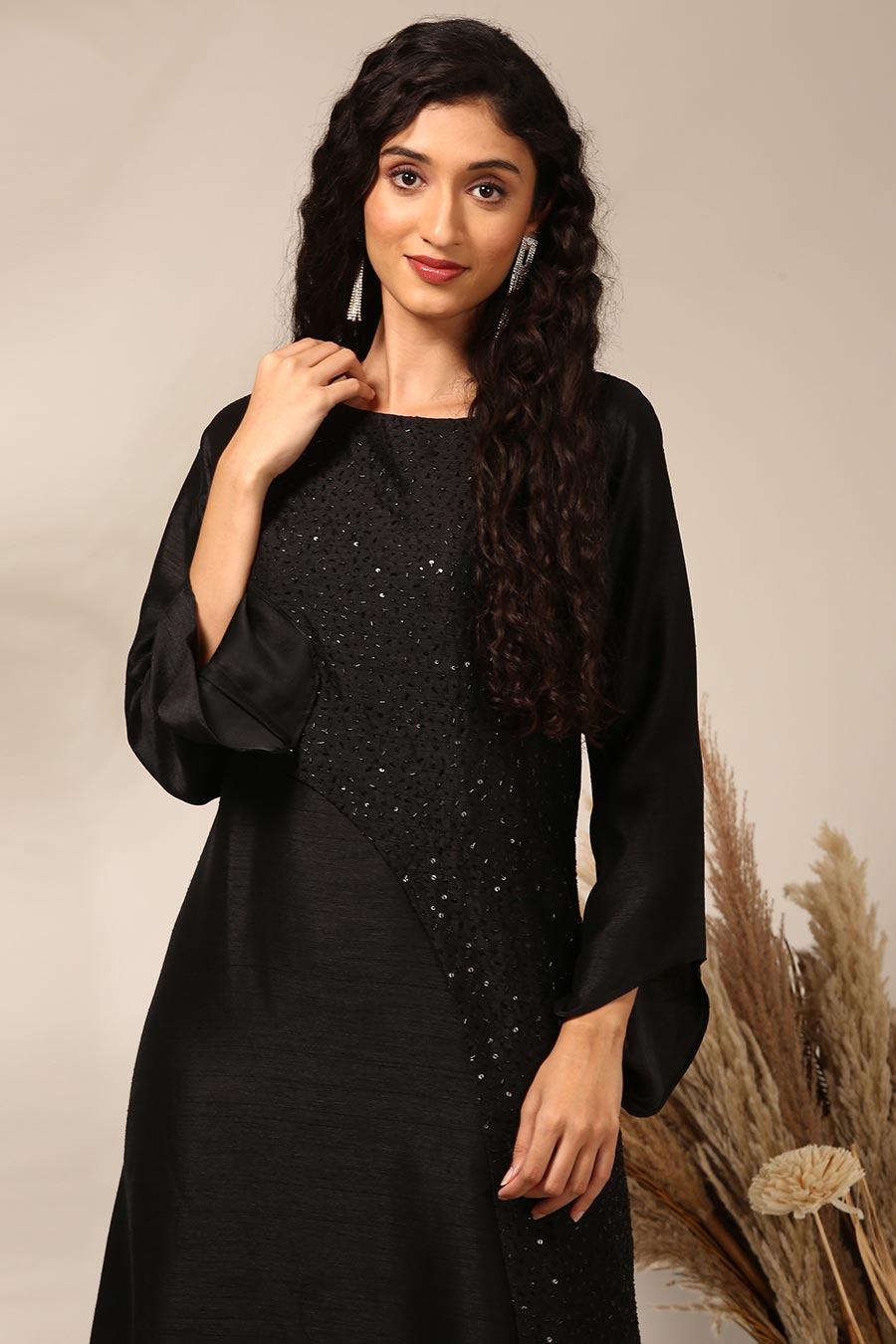 Black Embellished Panel Long Dress