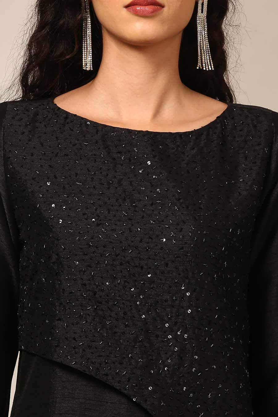 Black Embellished Panel Long Dress