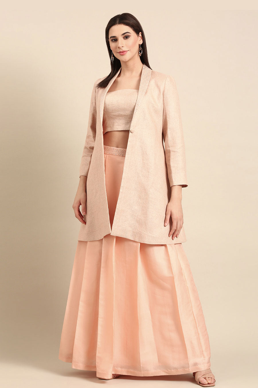 Pink Top, Coat & Pleated Lehenga Set