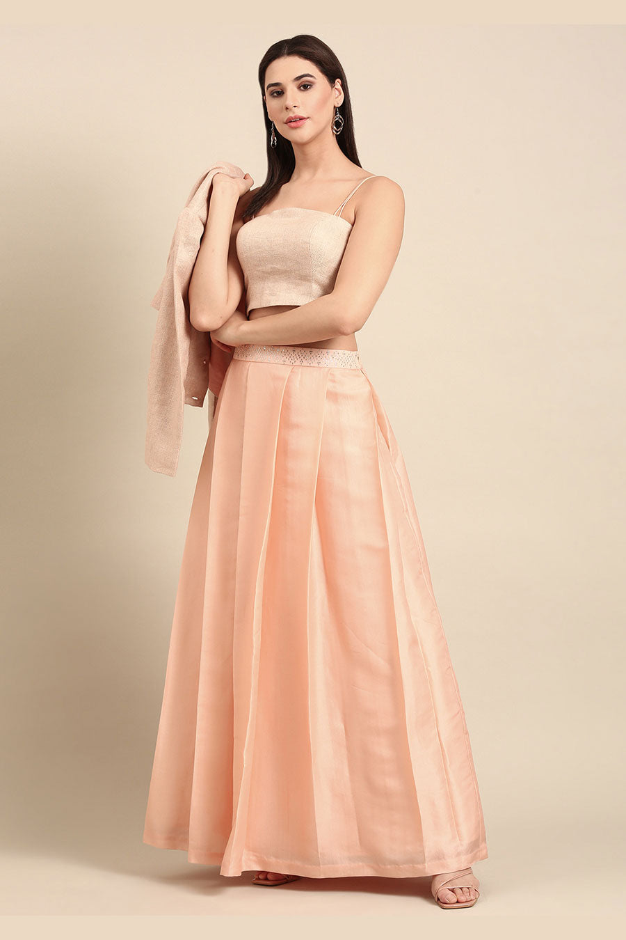 Pink Top, Coat & Pleated Lehenga Set