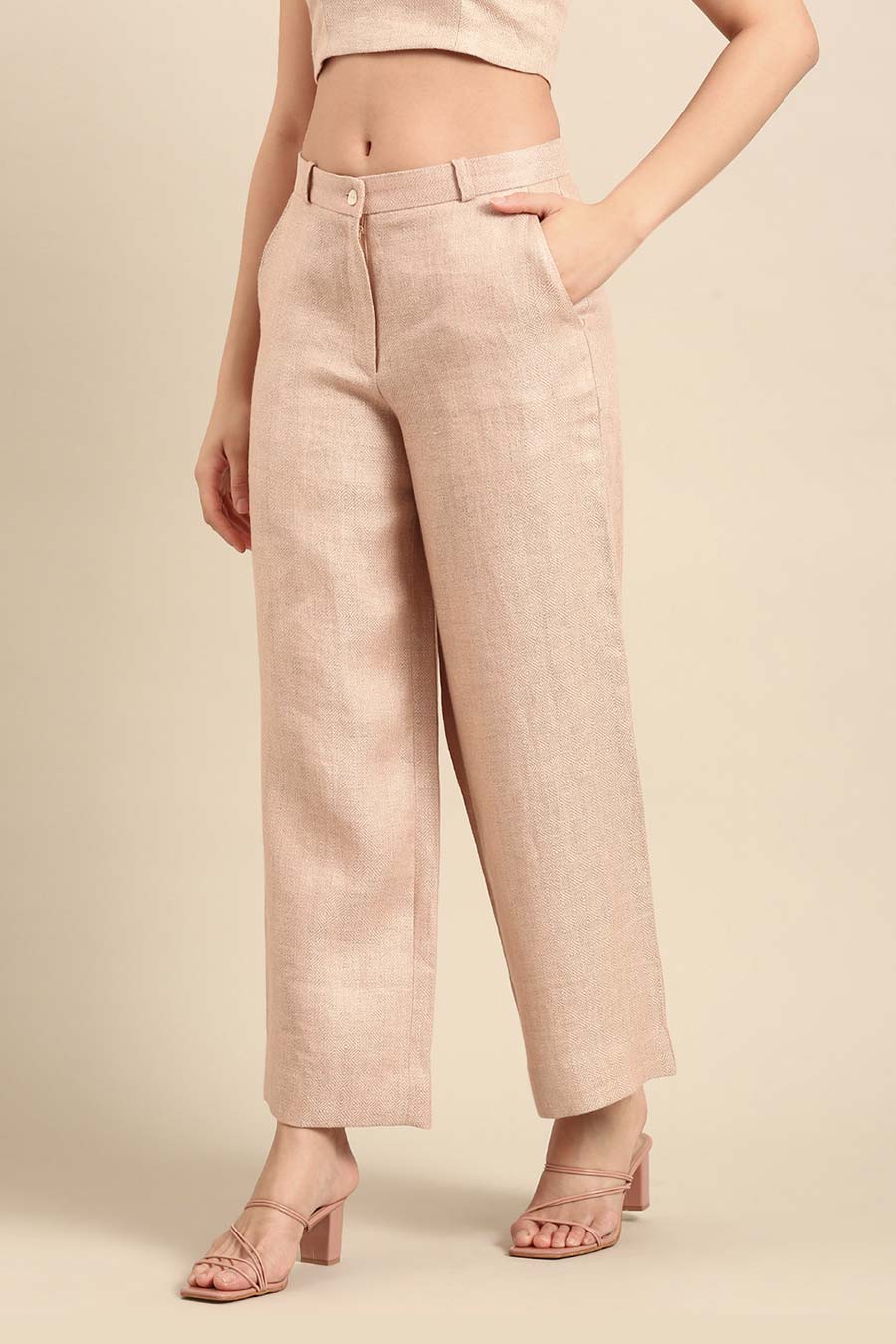 Peach Linen Jacquard Wide-Leg Pant