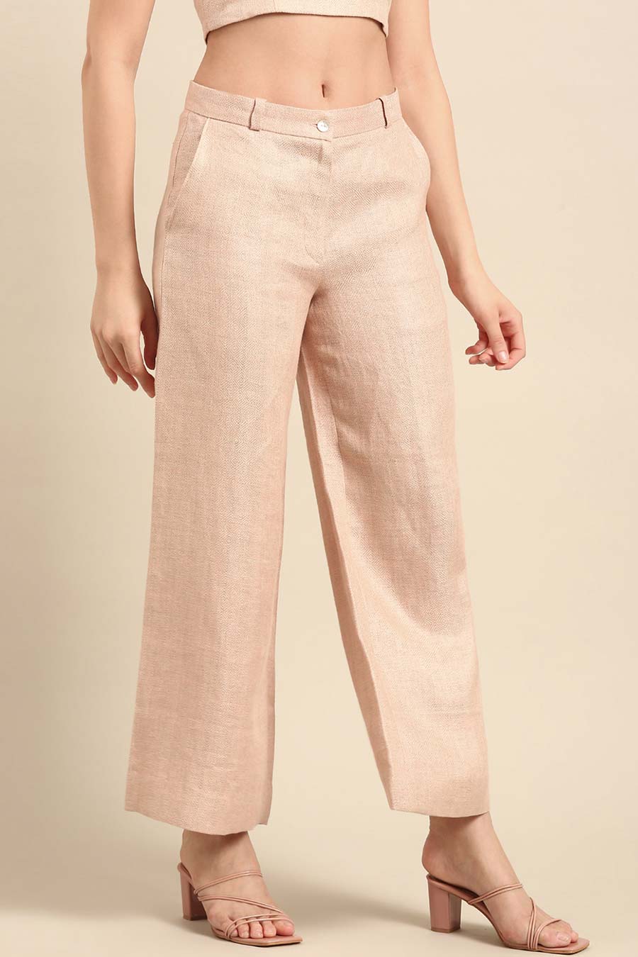 Peach Linen Jacquard Wide-Leg Pant