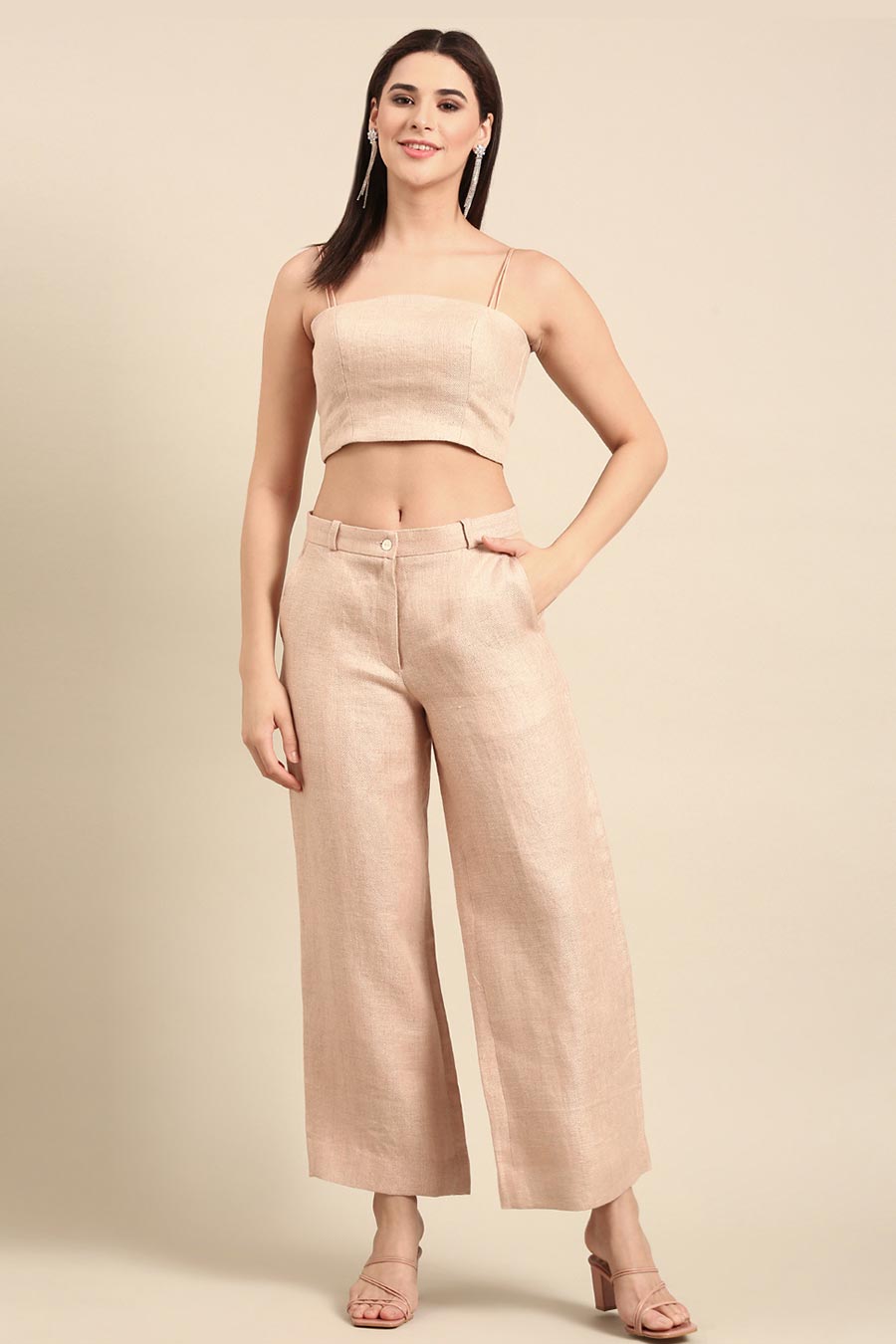 Peach Linen Jacquard Wide-Leg Pant