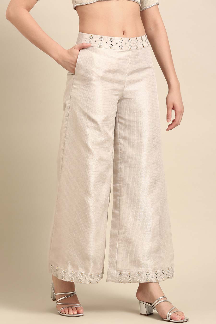 Silver Embellished Wide-Leg Pant