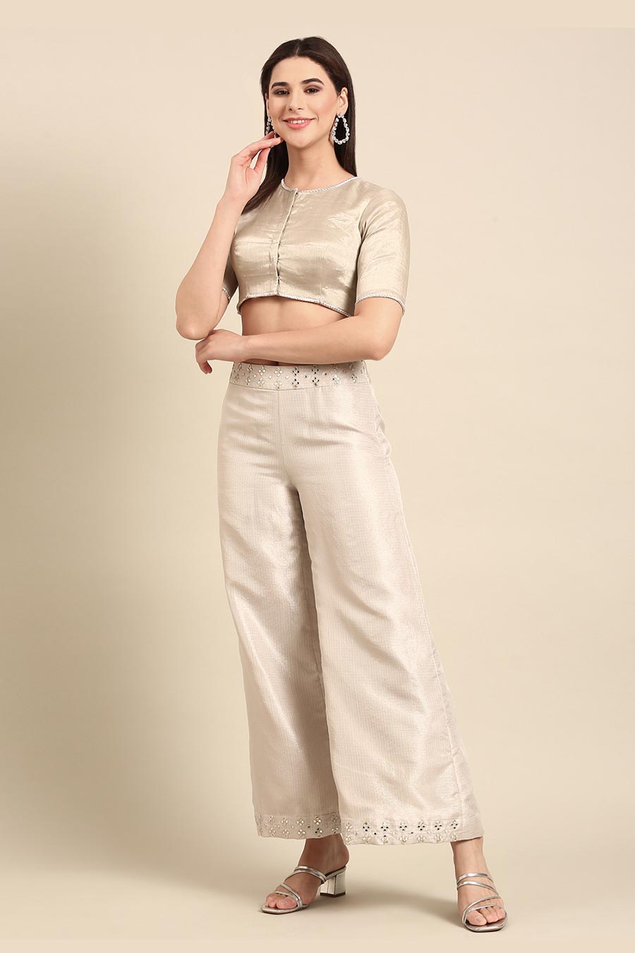 Silver Embellished Wide-Leg Pant