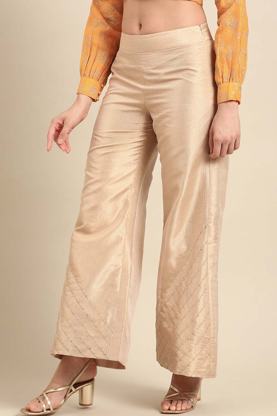 Gold Embroidered Wide-Leg Pant