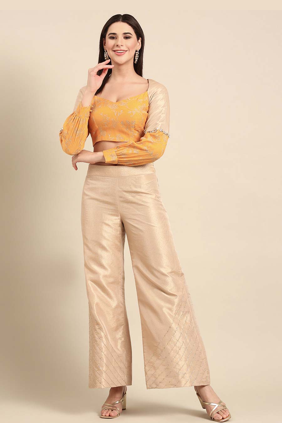 Gold Embroidered Wide-Leg Pant