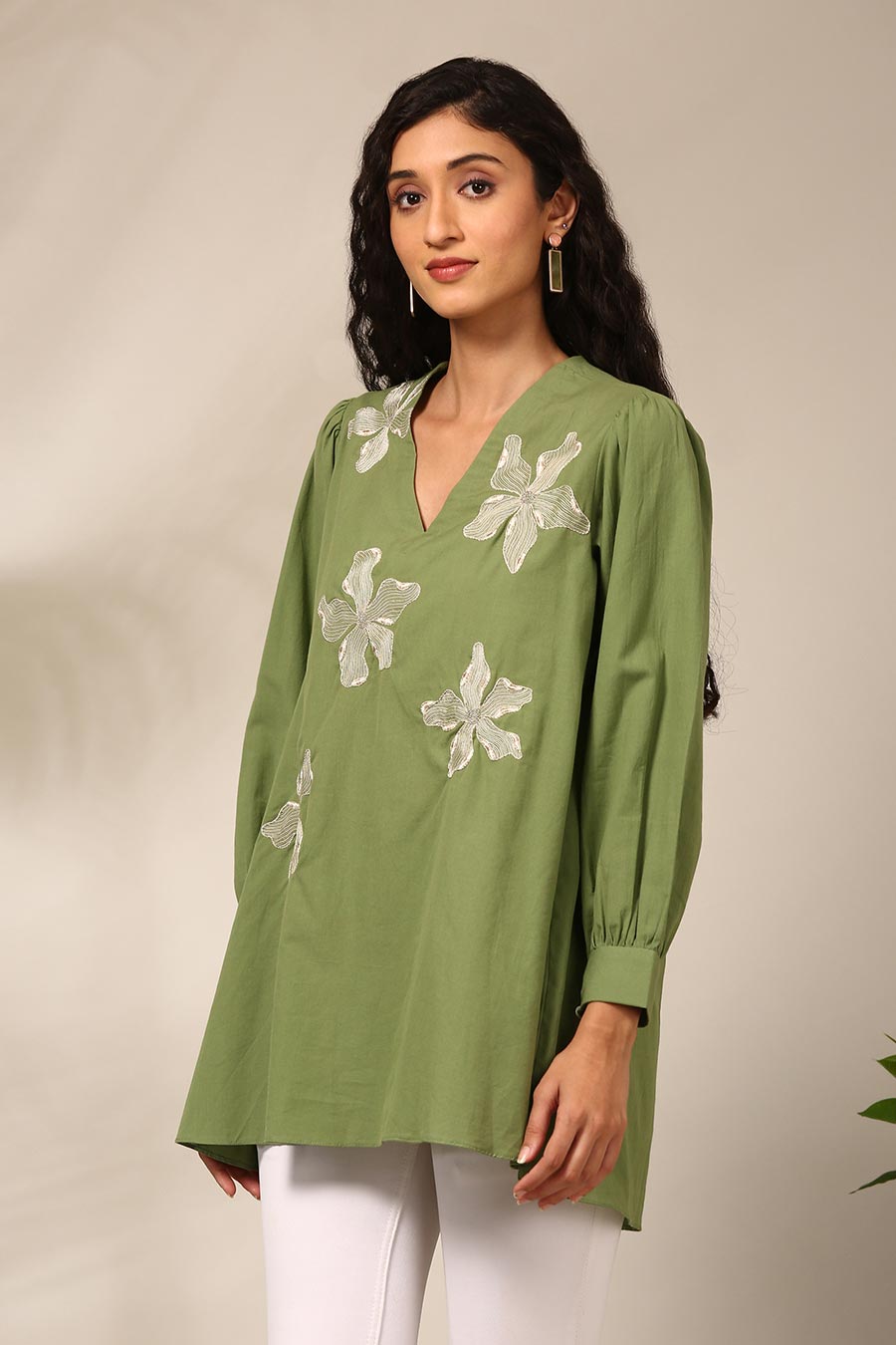 Green Embroidered Gathered Top