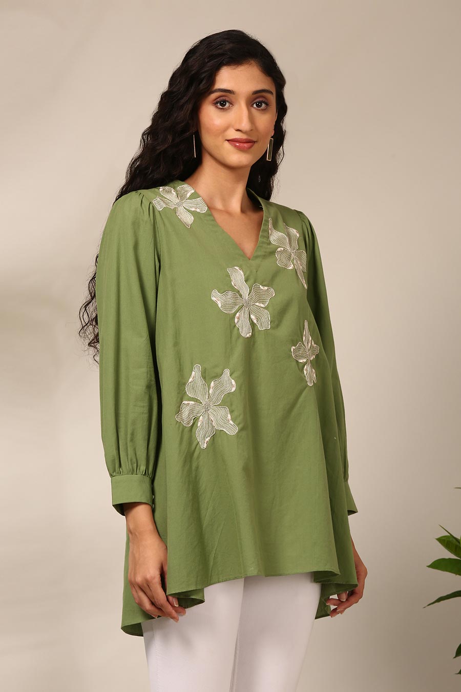 Green Embroidered Gathered Top