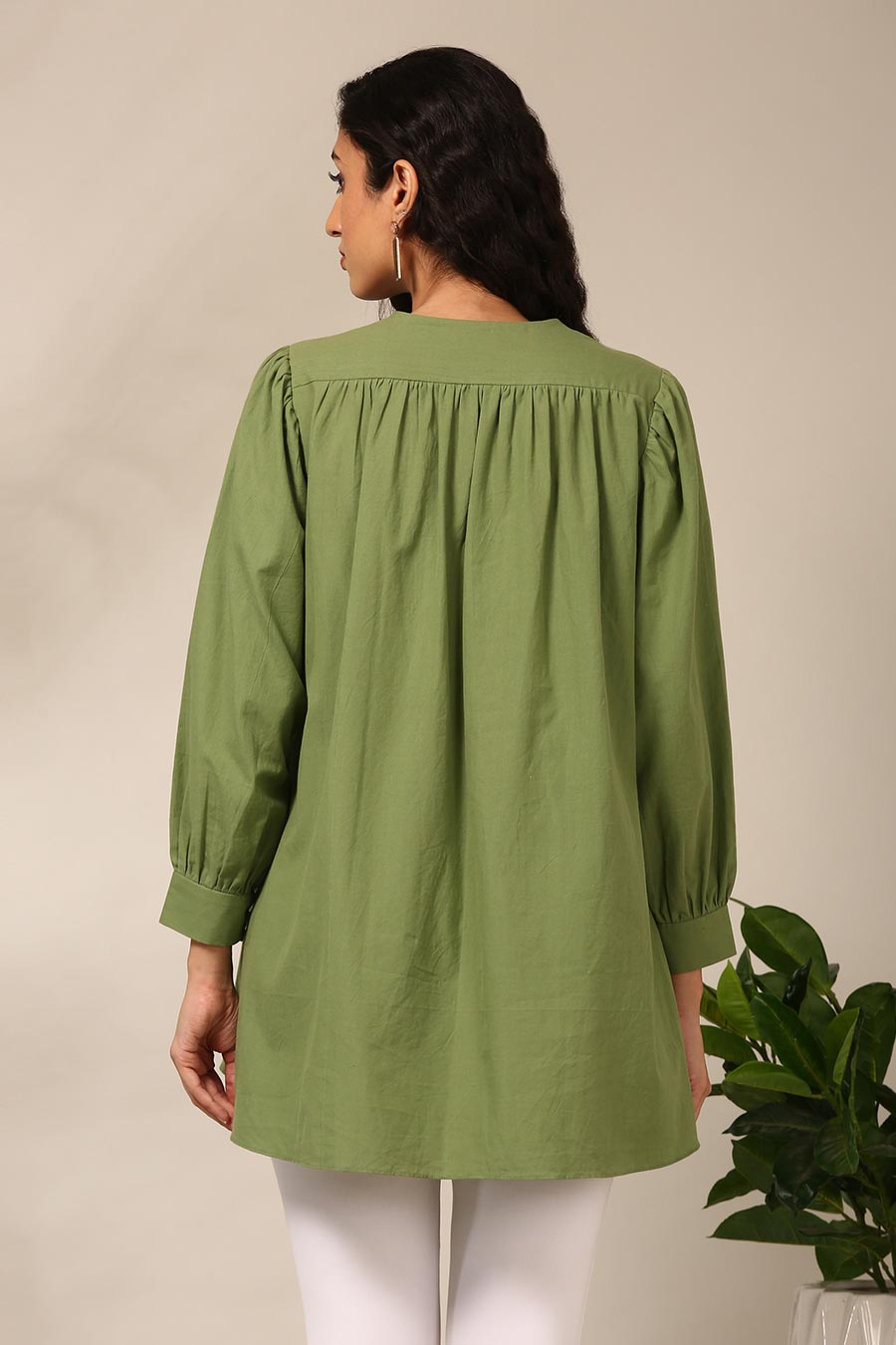 Green Embroidered Gathered Top