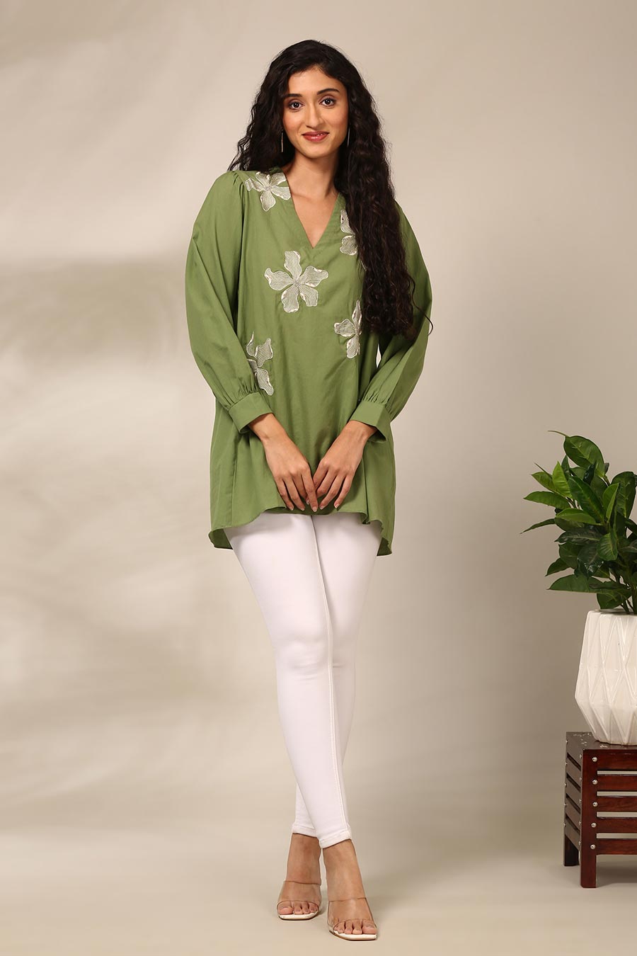 Green Embroidered Gathered Top