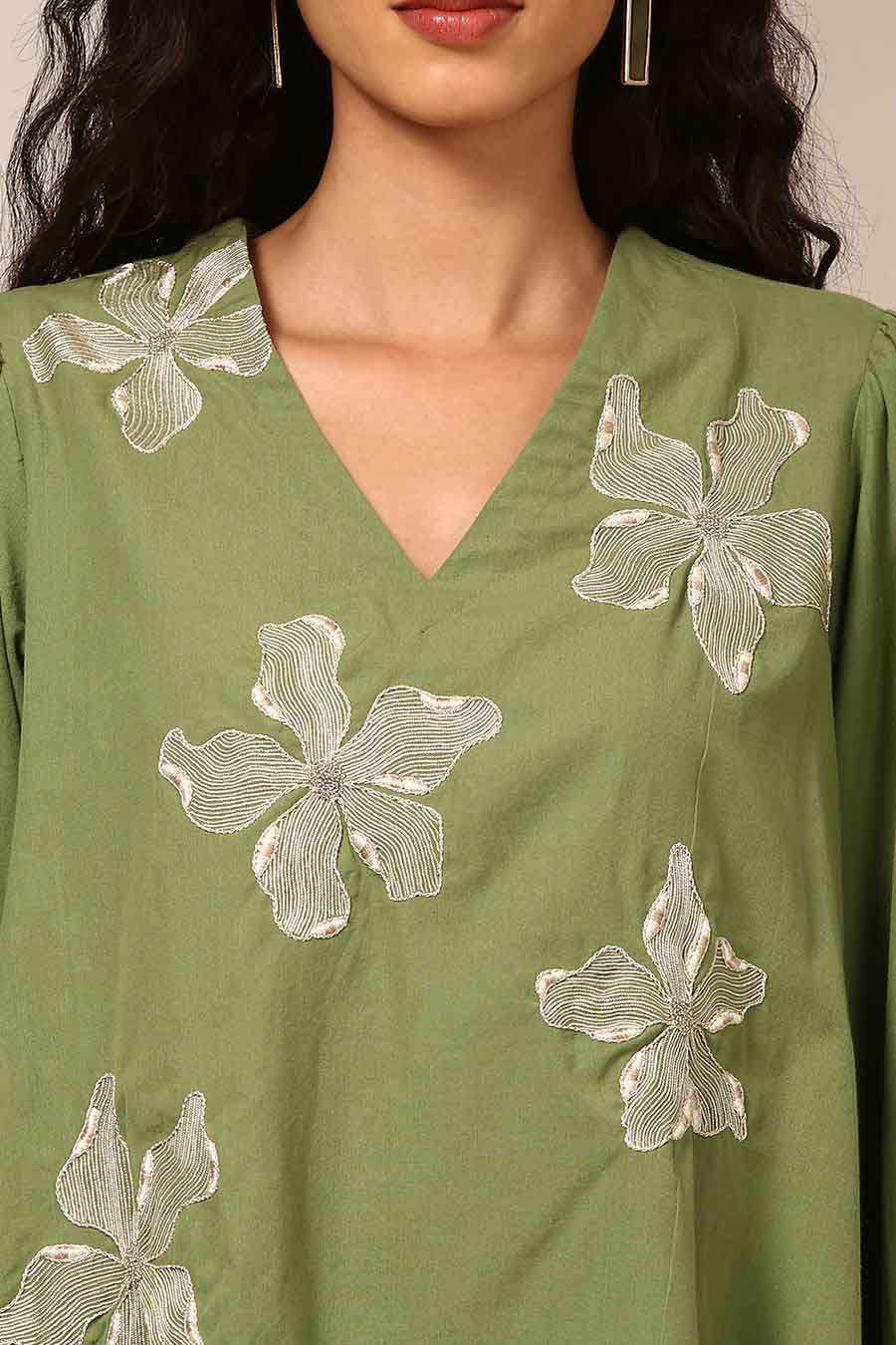 Green Embroidered Gathered Top