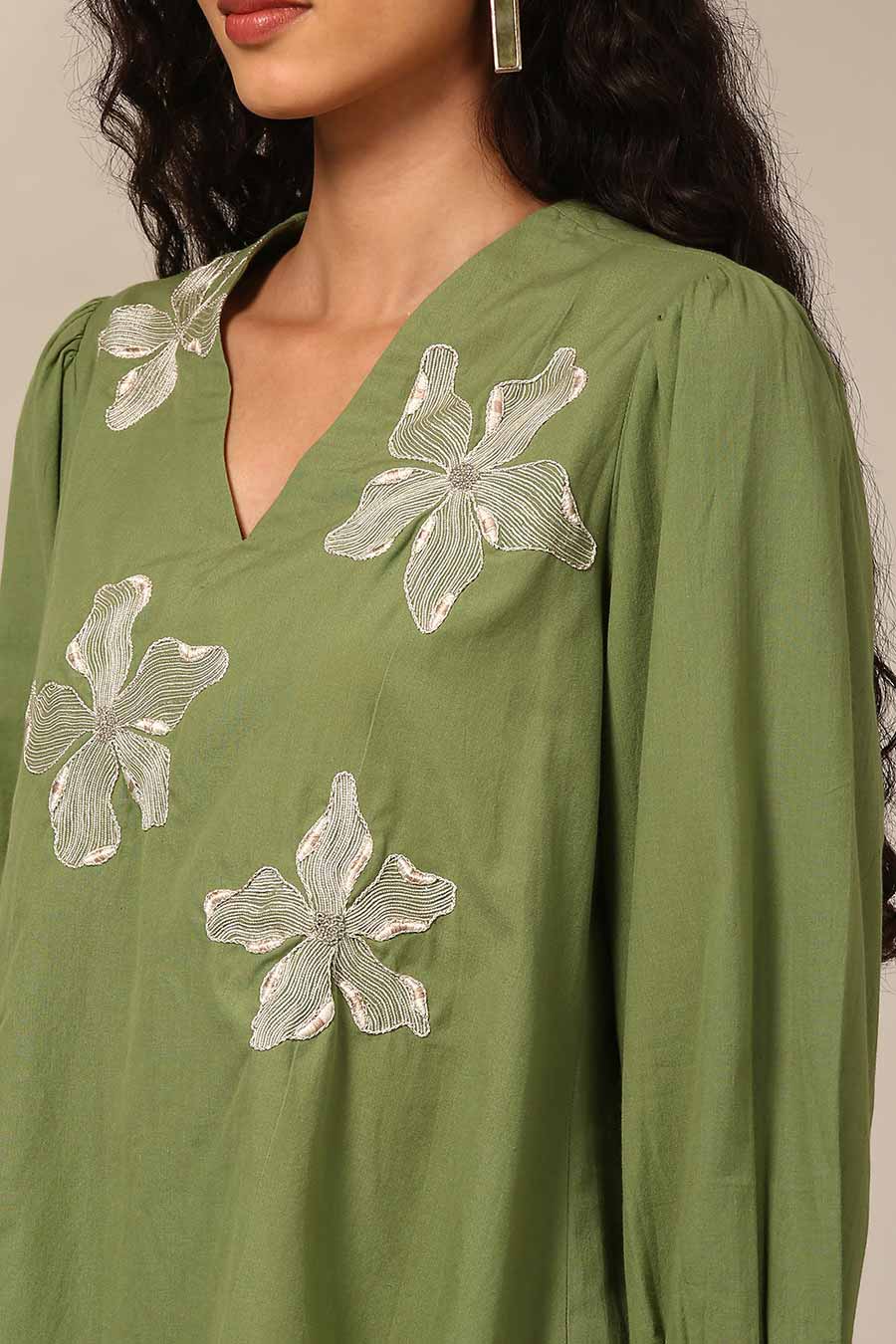 Green Embroidered Gathered Top