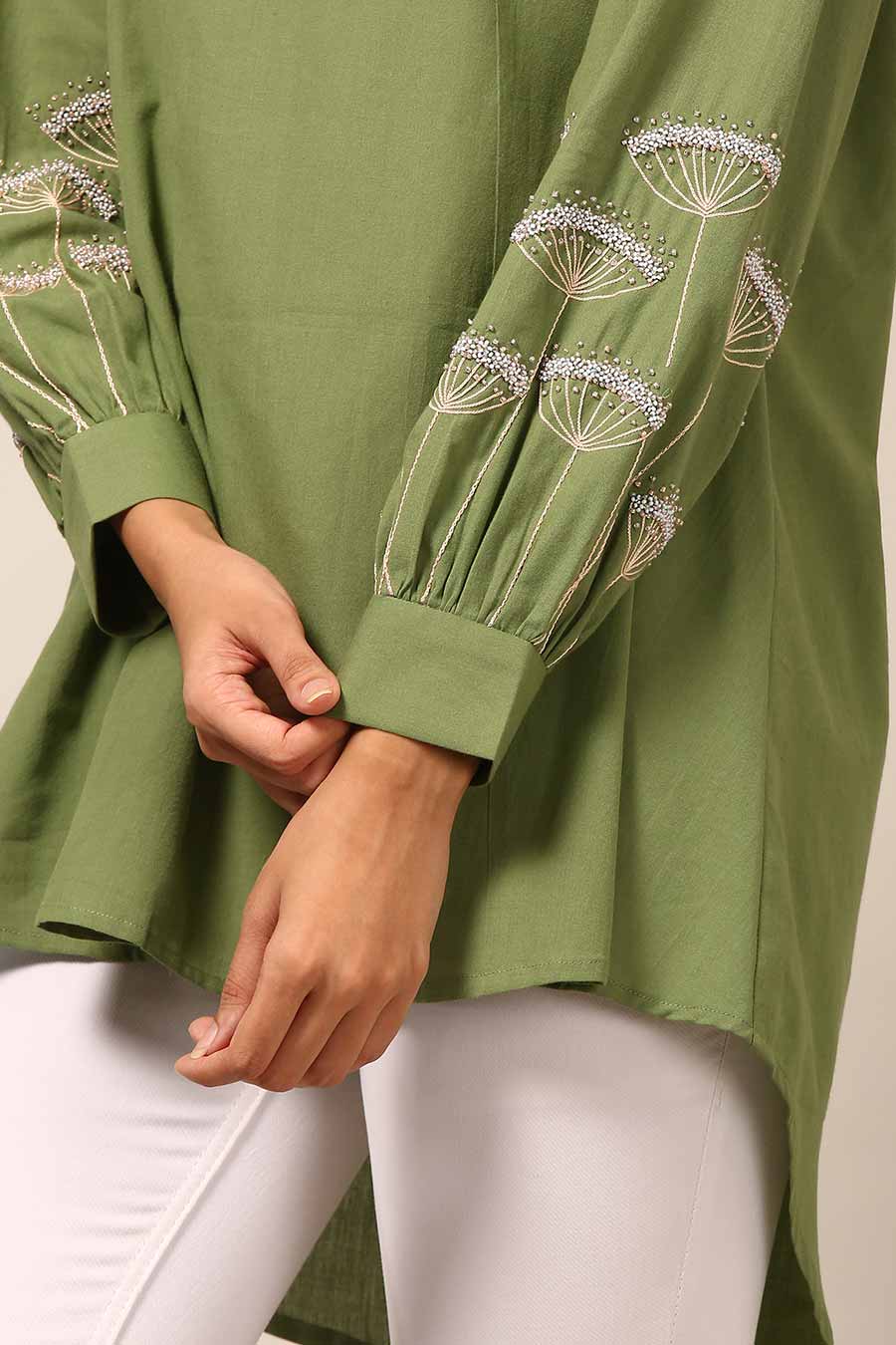 Green Embroidered High-Low Top