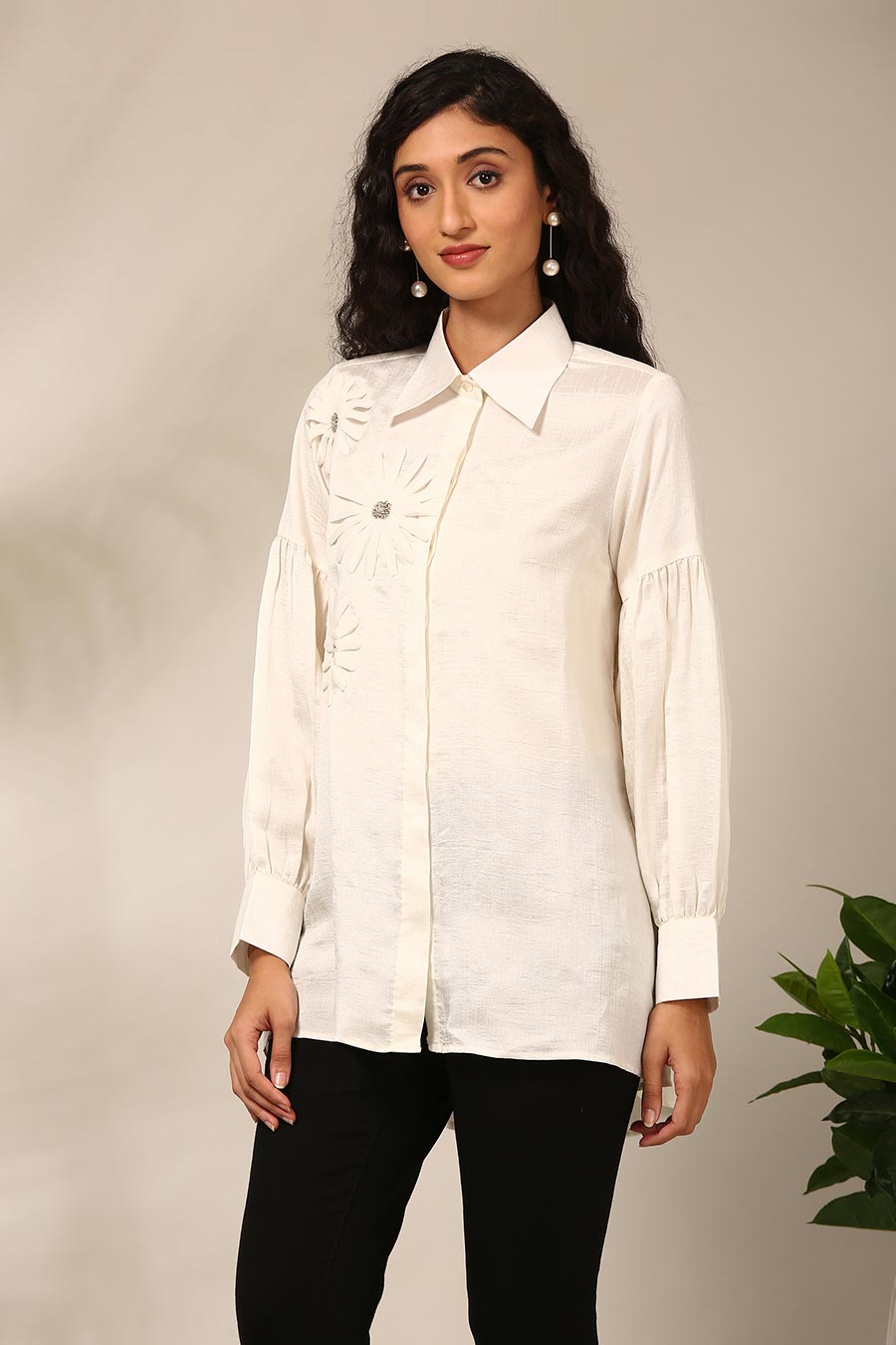 Ivory 3D Flower Embroidered Shirt