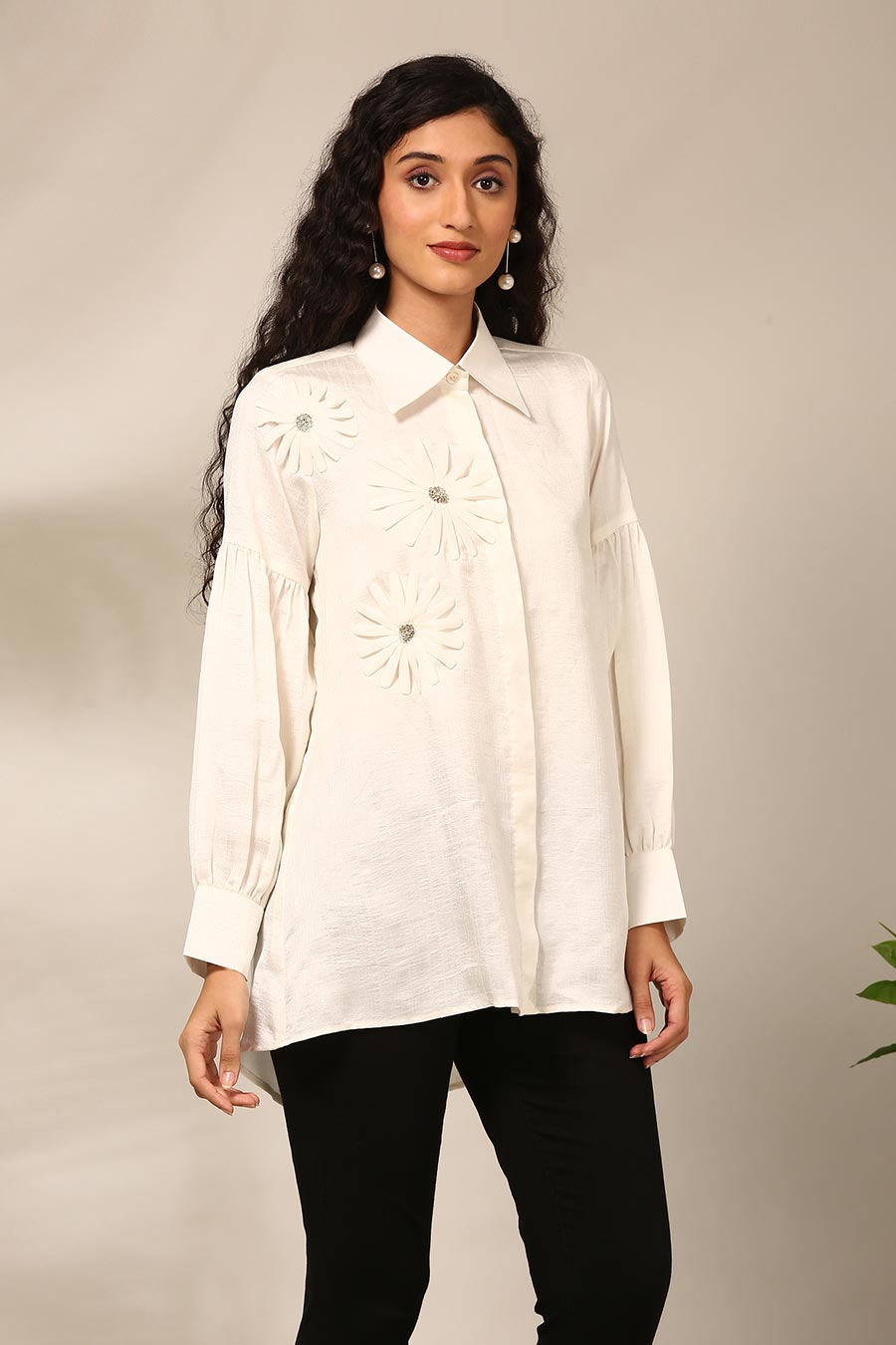 Ivory 3D Flower Embroidered Shirt