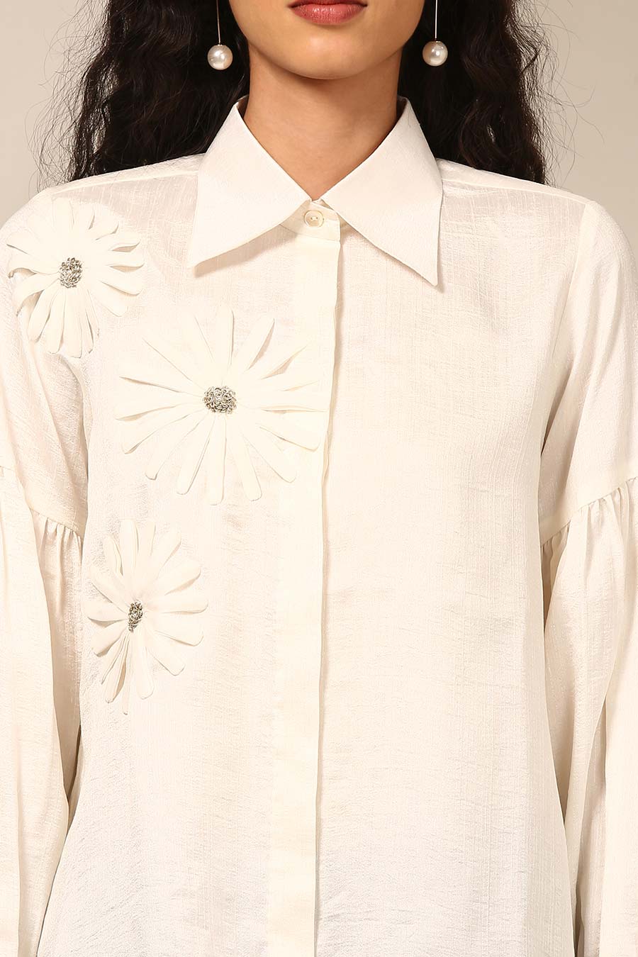 Ivory 3D Flower Embroidered Shirt