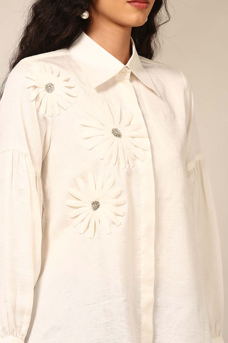 Ivory 3D Flower Embroidered Shirt