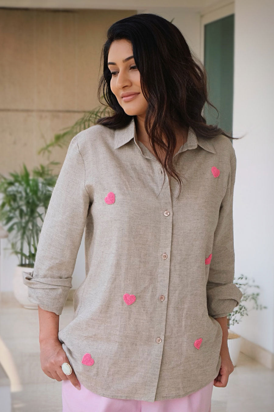 Beige Embroidered Heart Shirt