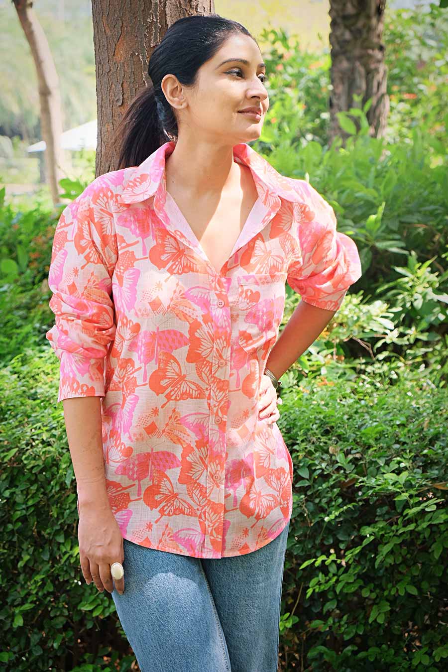 Orange Floral Printed Shirt